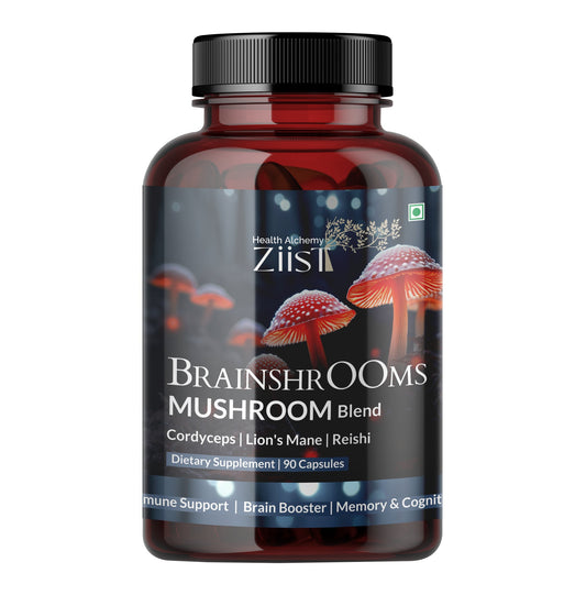 "Bottle of BrainShrooms Mushroom Blend 1200mg with 90 capsules"